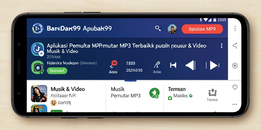 Antarmuka aplikasi BANDAR99 saat memutar lagu MP3 dengan tampilan yang menarik.