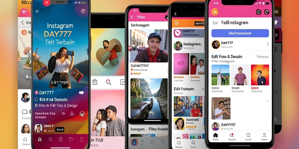 Tampilan antarmuka aplikasi DAY777 dengan berbagai filter Instagram.