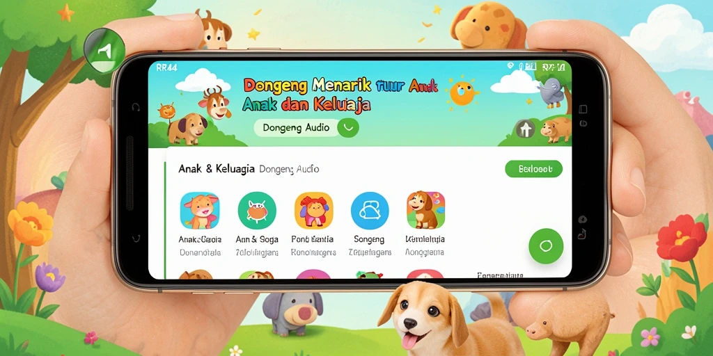 Antarmuka pengguna RR44 menunjukkan pilihan dongeng audio yang menarik untuk anak.
