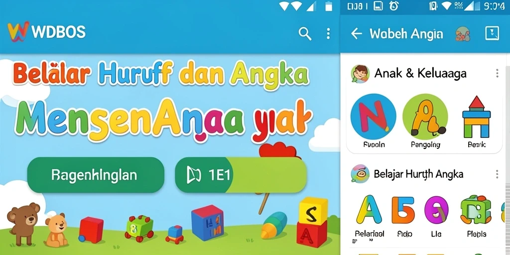 Tampilan antarmuka WDBOS dengan fitur belajar huruf dan angka yang ceria.